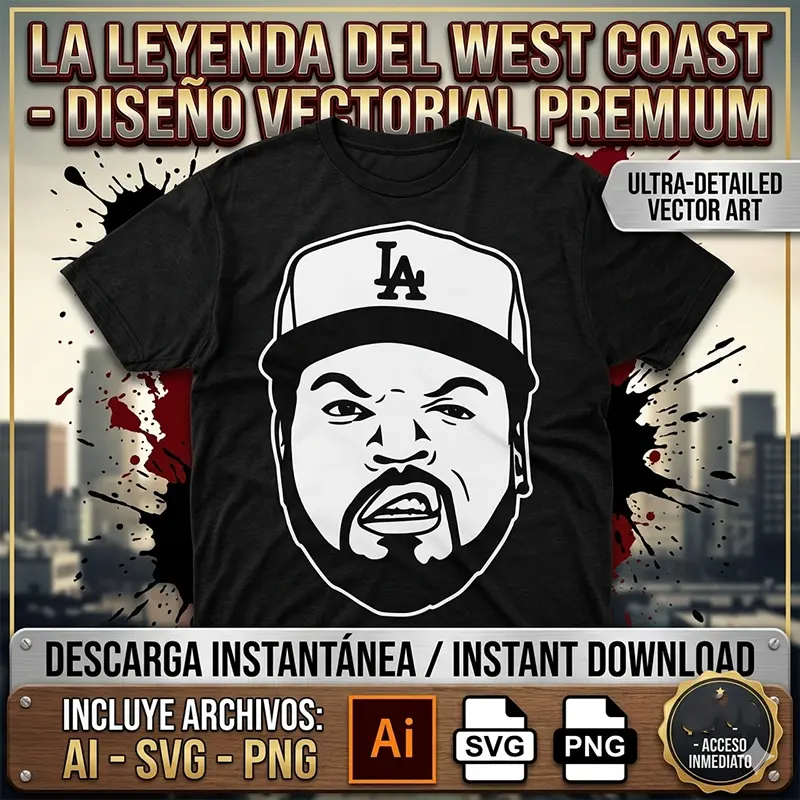 Vector Ice Cube Rap Hip Hop West Coast para Estampado y Corte Diseño vectorial premium de Ice Cube con gorra de LA estampado en playera negra con detalles urbanos de fondo