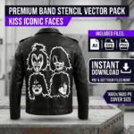 Diseño vectorial premium en stencil de los rostros de la banda KISS estampado en la espalda de una chaqueta de cuero negra