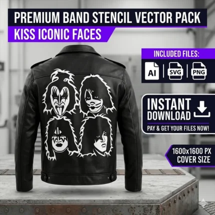Diseño vectorial premium en stencil de los rostros de la banda KISS estampado en la espalda de una chaqueta de cuero negra