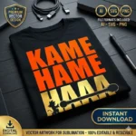 Diseño vectorial premium con la tipografía Kame Hame Ha en naranja y dorado con la silueta de Goku niño estampado en playera negra