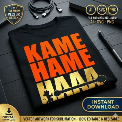 Diseño vectorial premium con la tipografía Kame Hame Ha en naranja y dorado con la silueta de Goku niño estampado en playera negra