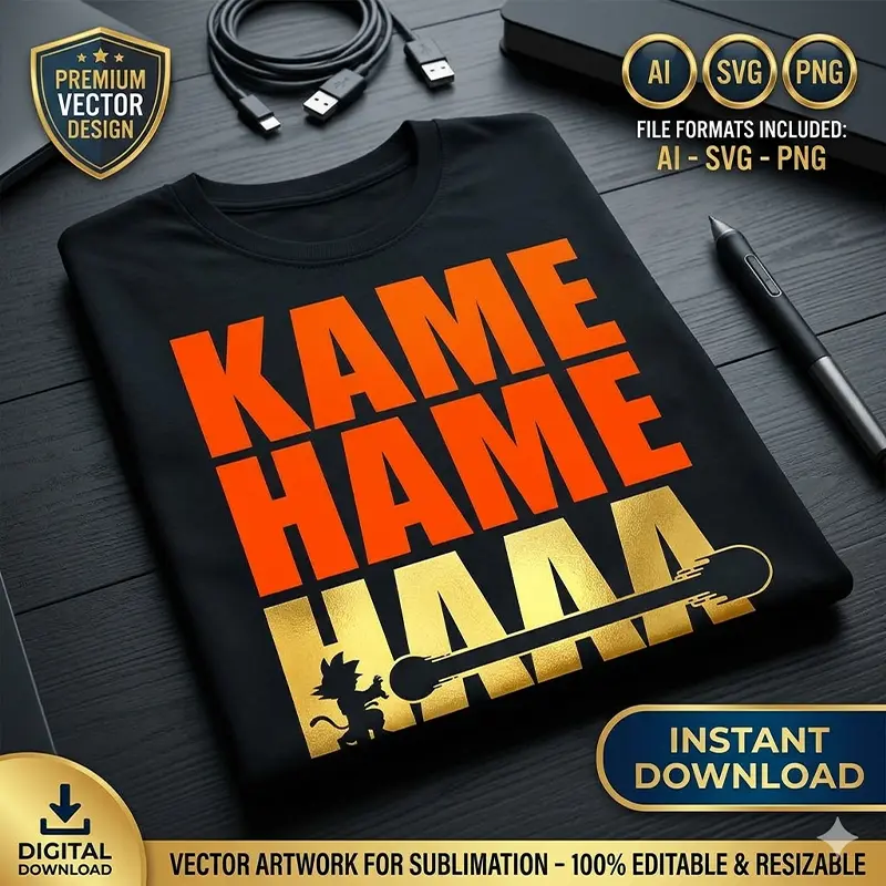 Vector Kame Hame Ha Frase Anime Dragon Ball para Estampado y Corte Diseño vectorial premium con la tipografía Kame Hame Ha en naranja y dorado con la silueta de Goku niño estampado en playera negra