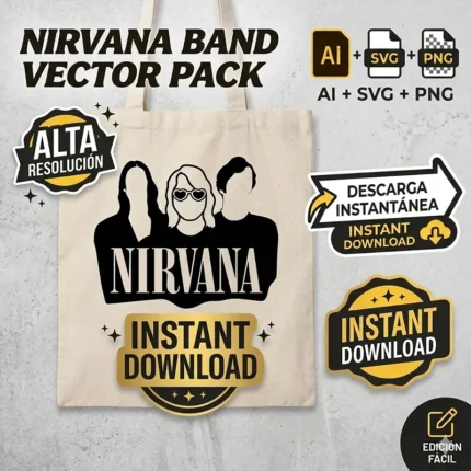 Diseño vectorial premium de los integrantes de Nirvana con Kurt Cobain en gafas de sol estampado en una bolsa de tela tote bag crema
