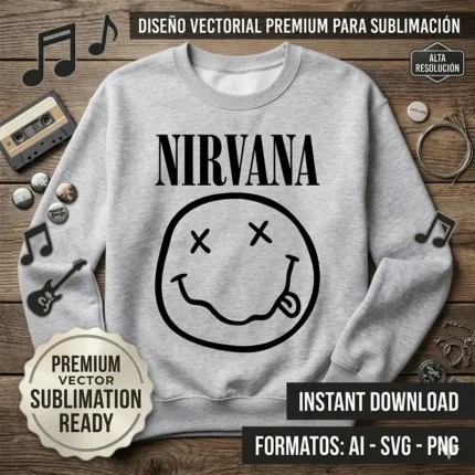 Diseño vectorial premium de Nirvana con su clásico logo de carita sonriente estampado en una sudadera gris claro