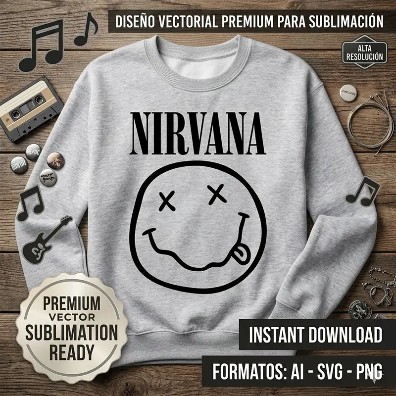 Vector Nirvana Grunge Rock para Estampado y Corte Diseño vectorial premium de Nirvana con su clásico logo de carita sonriente estampado en una sudadera gris claro