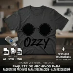 Diseño vectorial premium de las gafas redondas de Ozzy Osbourne con su nombre estampado en una playera gris oscuro