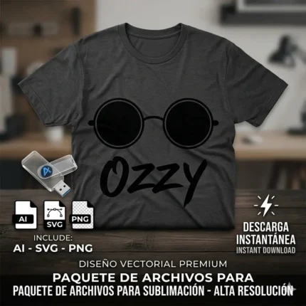 Diseño vectorial premium de las gafas redondas de Ozzy Osbourne con su nombre estampado en una playera gris oscuro