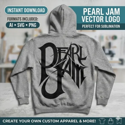 Diseño vectorial premium del logotipo clásico de Pearl Jam estampado en la espalda de una sudadera gris con capucha