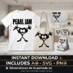 Diseño vectorial premium del stickman de Pearl Jam estampado en playera blanca, bolsa tote de tela y accesorios como llaveros y porta teléfonos