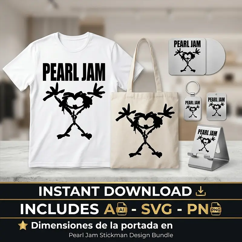 Vector Pearl Jam Stickman Alive para Estampado y Corte Diseño vectorial premium del stickman de Pearl Jam estampado en playera blanca, bolsa tote de tela y accesorios como llaveros y porta teléfonos