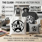Diseño vectorial premium del logotipo de la estrella de The Clash estampado en una bolsa de tela tote blanca, una playera gris y un cojín