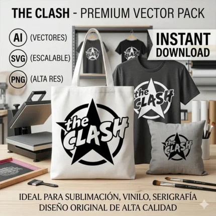 Diseño vectorial premium del logotipo de la estrella de The Clash estampado en una bolsa de tela tote blanca, una playera gris y un cojín