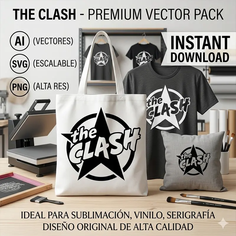 Vector The Clash Punk Rock Logo para Estampado y Corte Diseño vectorial premium del logotipo de la estrella de The Clash estampado en una bolsa de tela tote blanca, una playera gris y un cojín
