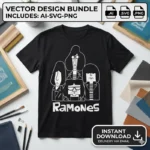 Diseño vectorial premium de los integrantes de The Ramones en estilo caricatura geométrica estampado en playera negra