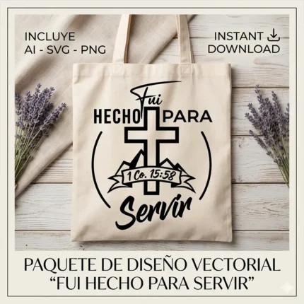 Diseño cristiano Fui Hecho Para Servir con cruz y montañas estampado en tote bag color crudo para sublimación
