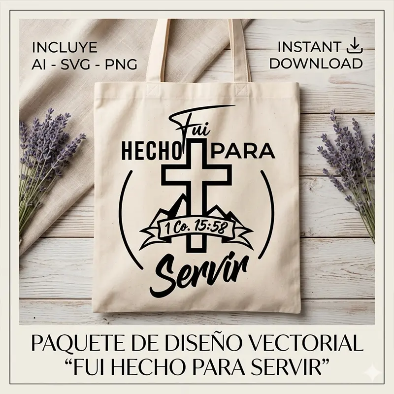 vector-fui-hecho-para-servir-cruz-sublimacion Diseño cristiano Fui Hecho Para Servir con cruz y montañas estampado en tote bag color crudo para sublimación
