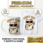 Lucky cat vector wearing sunglasses with Chill Cat text, printed on mug and t-shirt for sublimation svg png ai