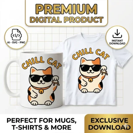 Lucky cat vector wearing sunglasses with Chill Cat text, printed on mug and t-shirt for sublimation svg png ai
