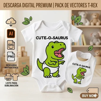 Vector T-Rex bebé tierno con frase Cute-O-Saurus estampado en body y babero para sublimar svg png ai