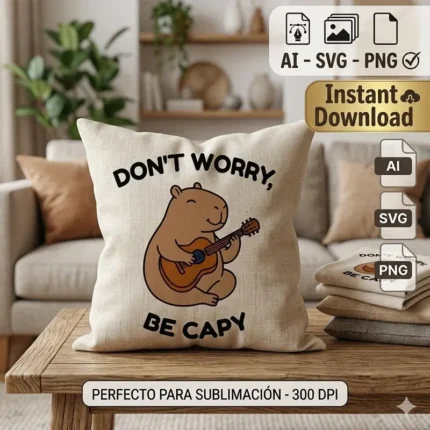 Vector capibara tocando guitarra con frase Don't Worry Be Capy estampado en almohadón y remera para sublimar svg png ai
