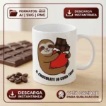 Vector perezoso abrazando barra de chocolate con frase El Chocolate lo Cura Todo estampado en taza para sublimar svg png ai