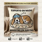 Vector beagle dormido con antifaz y huesitos y frase Experto en Nada Maestro en Siestas estampado en almohadón para sublimar svg png ai