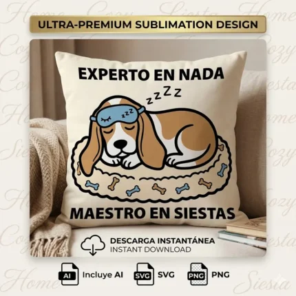 Vector beagle dormido con antifaz y huesitos y frase Experto en Nada Maestro en Siestas estampado en almohadón para sublimar svg png ai