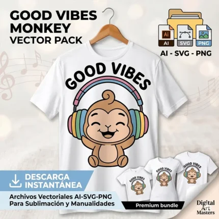 Happy monkey vector wearing rainbow headphones with Good Vibes text, printed on t-shirt for sublimation svg png ai