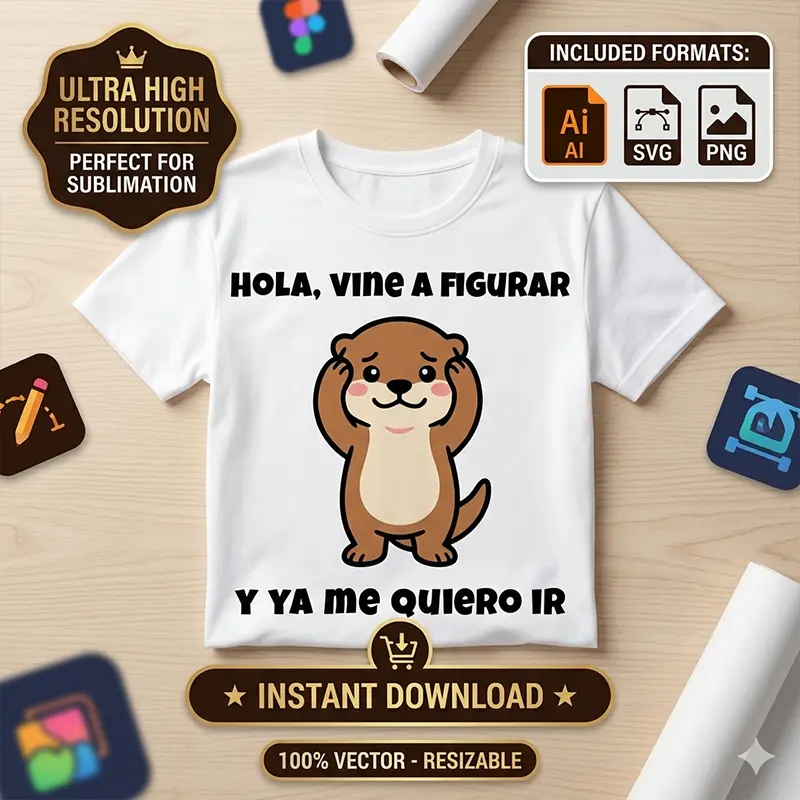 Hola, Vine a Figurar y Ya Me Quiero Ir – Vector Nutria GRATIS para Sublimar Vector nutria tímida con frase Hola Vine a Figurar y Ya Me Quiero Ir estampado en remera para sublimar svg png ai