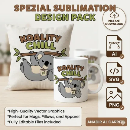 Relaxed koala vector hanging from branch holding coffee mug with Koality Chill text, printed on mug and pillow for sublimation svg png ai
