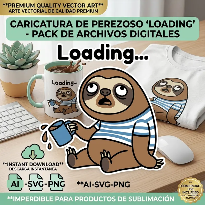 Loading... – Vector Perezoso para Sublimar Sleepy sloth vector with striped shirt holding spilling coffee mug and Loading text, printed on mug for sublimation svg png ai