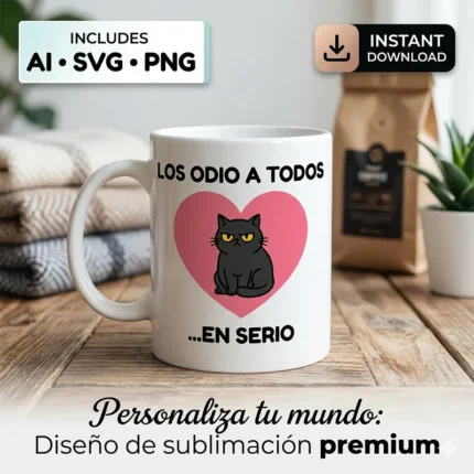 Vector gato negro enojado dentro de corazón rosa con frase Los Odio a Todos En Serio estampado en taza para sublimar svg png ai