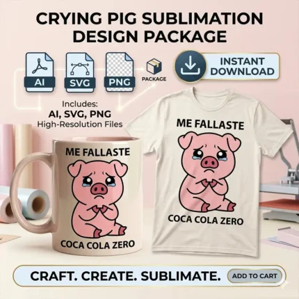 Vector chanchito llorando con frase Me Fallaste Coca Cola Zero estampado en taza y remera para sublimar svg png ai