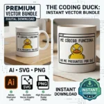 Vector pato de goma programador con frase Mi Código Funciona No Me Preguntes Por Qué estampado en taza para sublimar svg png ai
