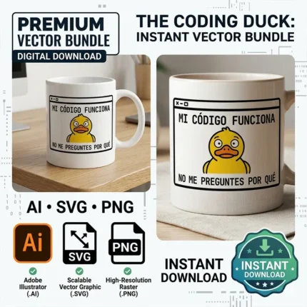 Vector pato de goma programador con frase Mi Código Funciona No Me Preguntes Por Qué estampado en taza para sublimar svg png ai
