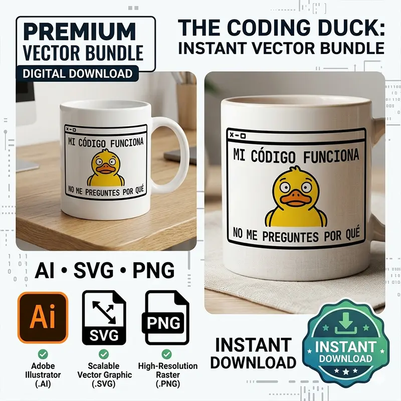 Mi Código Funciona, No Me Preguntes Por Qué – Vector Pato Programador para Sublimar Vector pato de goma programador con frase Mi Código Funciona No Me Preguntes Por Qué estampado en taza para sublimar svg png ai