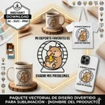 Vector hámster comiendo pizza en rueda con frase Mi Deporte Favorito es Evadir Mis Problemas estampado en taza, remera, tote bag y funda de celular para sublimar svg png ai