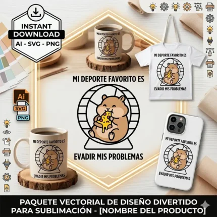 Vector hámster comiendo pizza en rueda con frase Mi Deporte Favorito es Evadir Mis Problemas estampado en taza, remera, tote bag y funda de celular para sublimar svg png ai