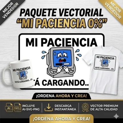 Vector computadora llorando con barra de carga al 0% y frase Mi Paciencia Está Cargando 0% estampado en taza y remera para sublimar svg png ai