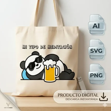 Vector panda relajado con lentes de sol y cerveza y frase Mi Tipo de Meditación estampado en tote bag para sublimar svg png ai