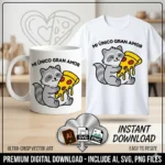 Vector mapache abrazando pizza con frase Mi Único Gran Amor estampado en taza y remera para sublimar svg png ai