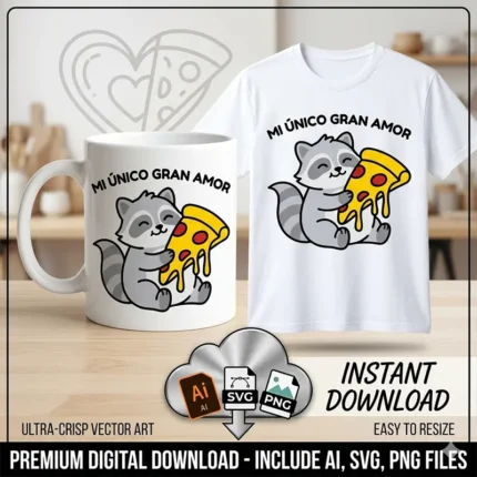 Vector mapache abrazando pizza con frase Mi Único Gran Amor estampado en taza y remera para sublimar svg png ai