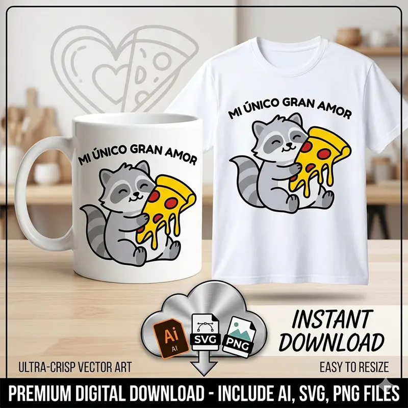 Mi Único Gran Amor – Vector Mapache para Sublimar Vector mapache abrazando pizza con frase Mi Único Gran Amor estampado en taza y remera para sublimar svg png ai