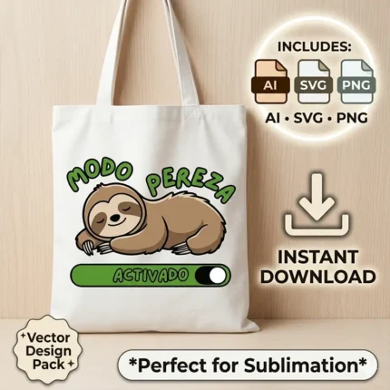 Vector perezoso dormido con switch verde de Modo Pereza Activado estampado en tote bag para sublimar svg png ai