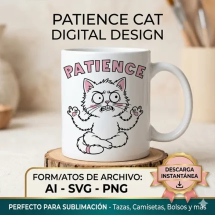 Angry white cat vector meditating with Patience text, printed on mug for sublimation svg png ai
