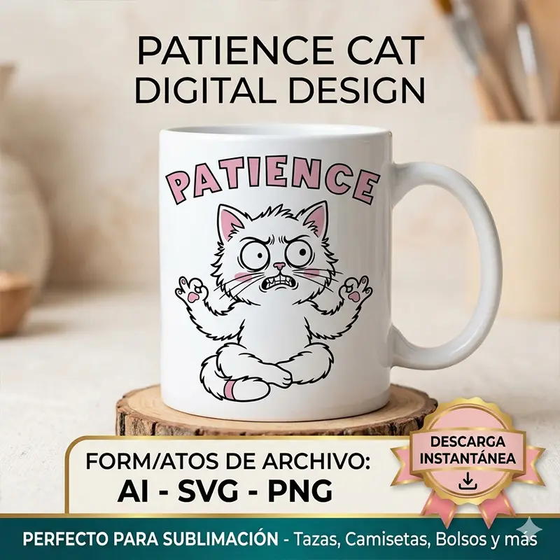 Patience – Vector Gato para Sublimar Angry white cat vector meditating with Patience text, printed on mug for sublimation svg png ai