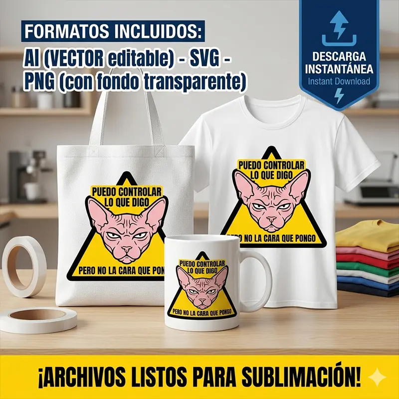 Puedo Controlar lo que Digo Pero No la Cara que Pongo – Vector Gato Sphynx para Sublimar Puedo Controlar lo que Digo Pero No la Cara que Pongo – Vector Gato Sphynx para Sublimar - Imagen 1