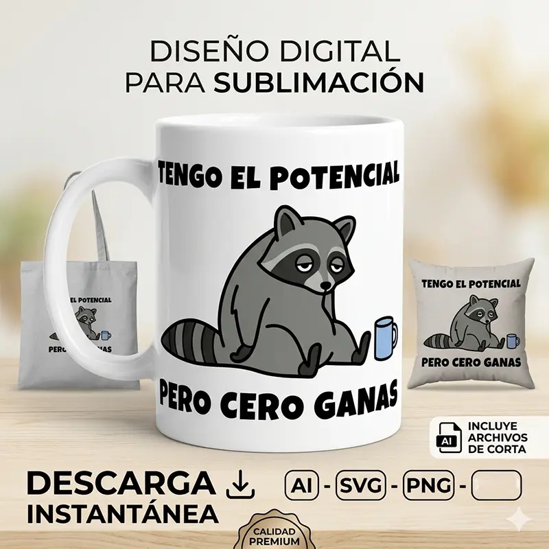 Tengo el Potencial Pero Cero Ganas – Vector Mapache para Sublimar Tengo el Potencial Pero Cero Ganas – Vector Mapache para Sublimar - Imagen 1