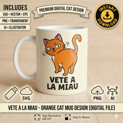 Vector gato naranja enojado con frase Vete a la Miau estampado en taza para sublimar svg png ai