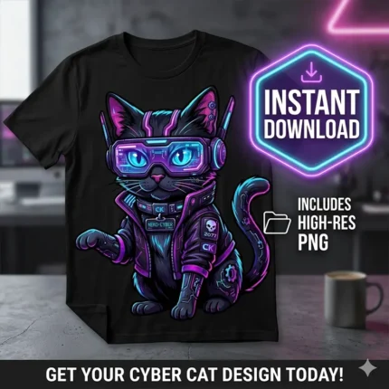 Diseño PNG Gratis de Gato Cyberpunk para Sublimación y DTF